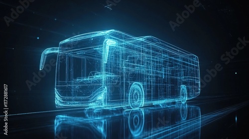 Digital blueprint of a blue bus over dark reflective surface.