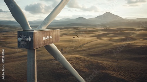 A close-up view of a wind turbine overlooking expansive hills and mountains in the background. photo