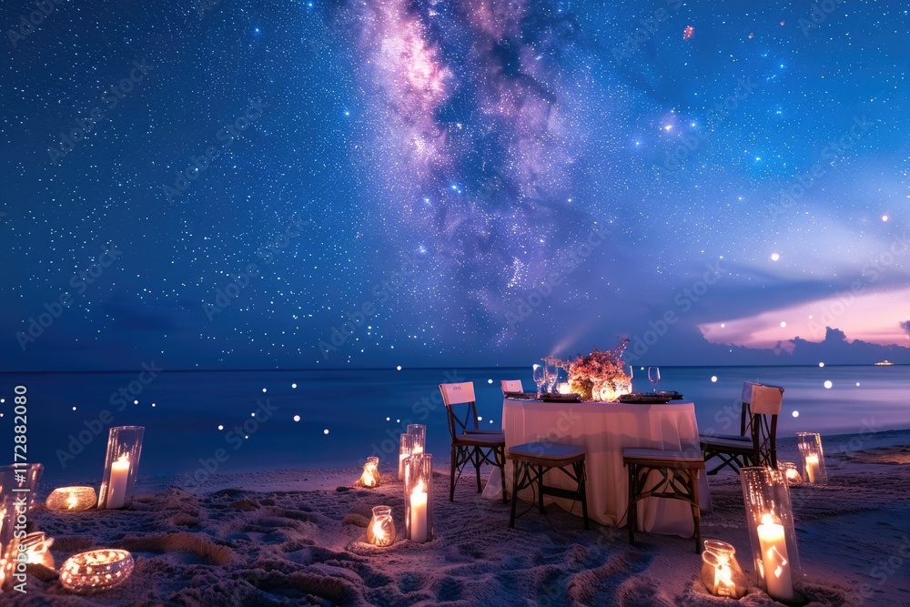 Obraz premium Amazing beach dinner setting under Milky Ways night sky. Luxury destination dining, honeymoon or anniversary dinner, flowers and candles for the best romantic experience. Stunning colorful outdoors. M