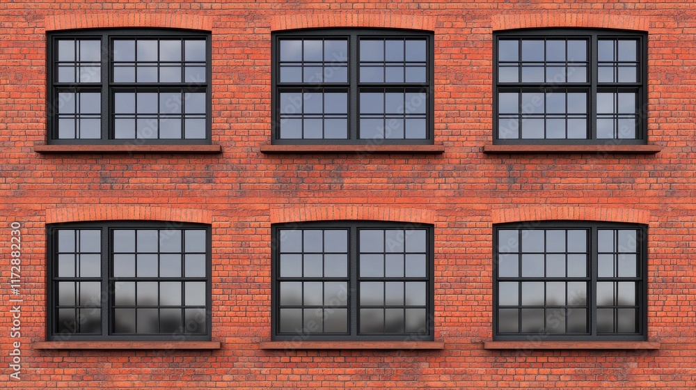 Fototapeta premium Classic Red Brick Wall with Black Framed Windows in Urban Setting