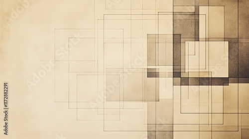 Thin, fine-lined geometric patterns such as squares and lines arranged in a grid over beige.