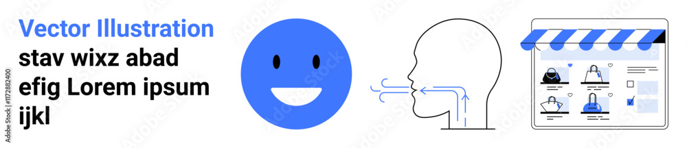 Fototapeta premium Blue happy face, outline of head speaking, and a storefront graphic with product icons. Ideal for e-commerce, customer feedback, user interface, communication, online retail, digital marketing