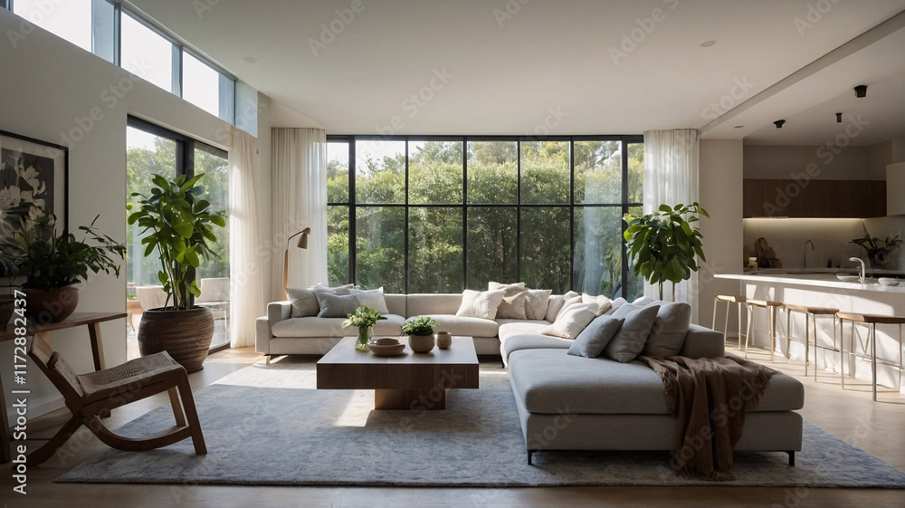 Naklejka premium Warm traditional rural home design with neutral color sofa expansive windows and luxurious rug under furniture traditional interior design