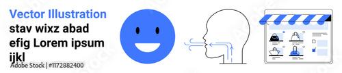 Blue happy face, outline of head speaking, and a storefront graphic with product icons. Ideal for e-commerce, customer feedback, user interface, communication, online retail, digital marketing