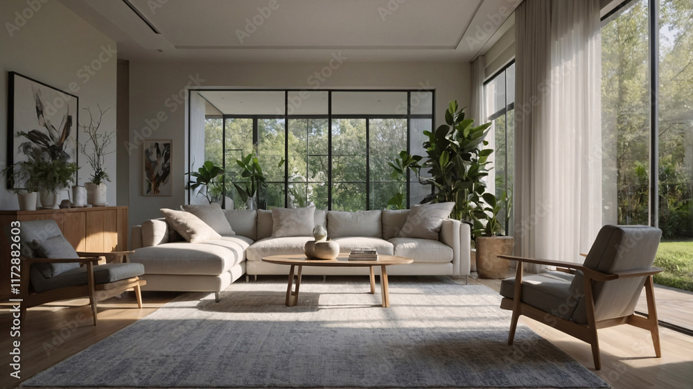 Fototapeta premium Bright and airy traditional rural home with neutral color sofa expansive windows and handwoven rug beneath furniture traditional interior design