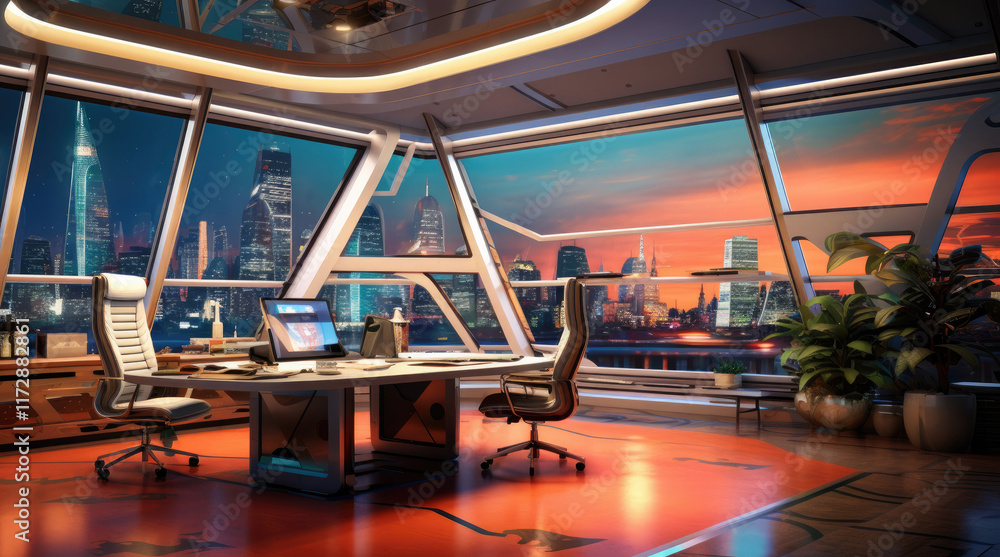 An illustration of an office room with a view of city buildings in the evening