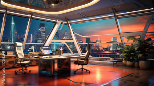 Obraz na płótnie An illustration of an office room with a view of city buildings in the evening w salonie