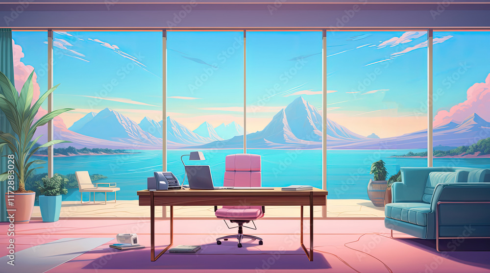 An illustration of an office room with a view of a lake and mountains