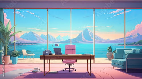 Obraz na płótnie An illustration of an office room with a view of a lake and mountains w salonie