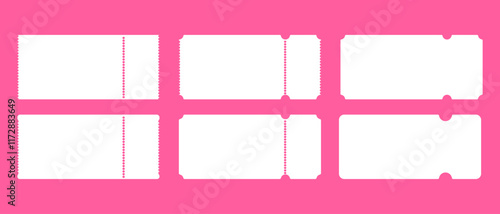 Set of white ticket mockups with ruffle edges and shadows. Empty template. Concert, movie or theater ticket. Boarding blank, lottery, sale coupon
