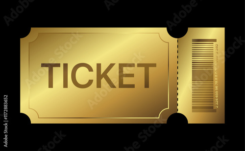 Golden ticket. Gold vector coupon, sticker or discount tag mockup isolated on black background. Cinema, theater, concert, party, event, festival invitation entrance.