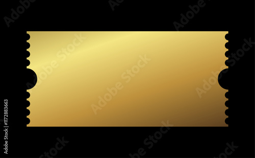 Golden ticket. Gold vector coupon, sticker or discount tag mockup isolated on black background. Cinema, theater, concert, party, event, festival invitation entrance.