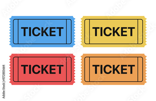 A set of movie ticket icons. Retro ticket design template. Tickets for cinema, movie, circus, carnival, film, festival, etc. Vector illustration.