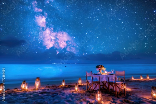 Fototapeta Naklejka Na Ścianę i Meble -  Amazing beach dinner setting under Milky Ways night sky. Luxury destination dining, honeymoon or anniversary dinner, flowers and candles for the best romantic experience. Stunning colorful outdoors. M
