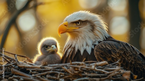 Majestic Bald Eagle and Chick in Nest at Golden Hour photo