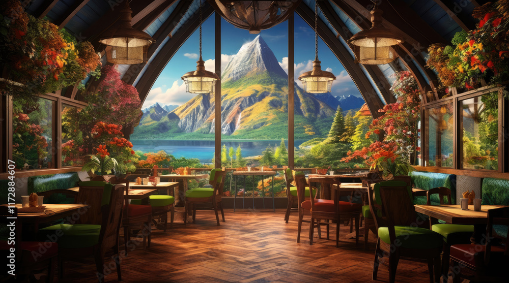 An illustration of a restaurant with a beautiful mountain view