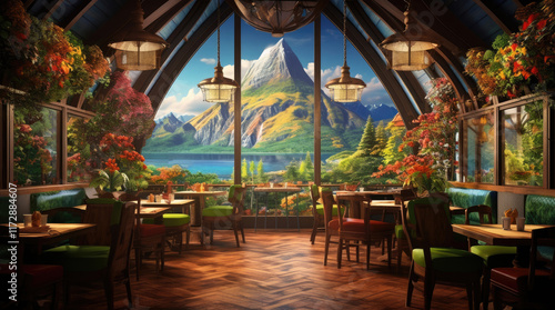 Obraz na płótnie An illustration of a restaurant with a beautiful mountain view w salonie