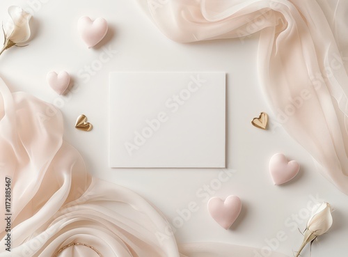 Soft pastel decor with elegant hearts and delicate fabric on a serene background for a romantic occasion or creative project photo