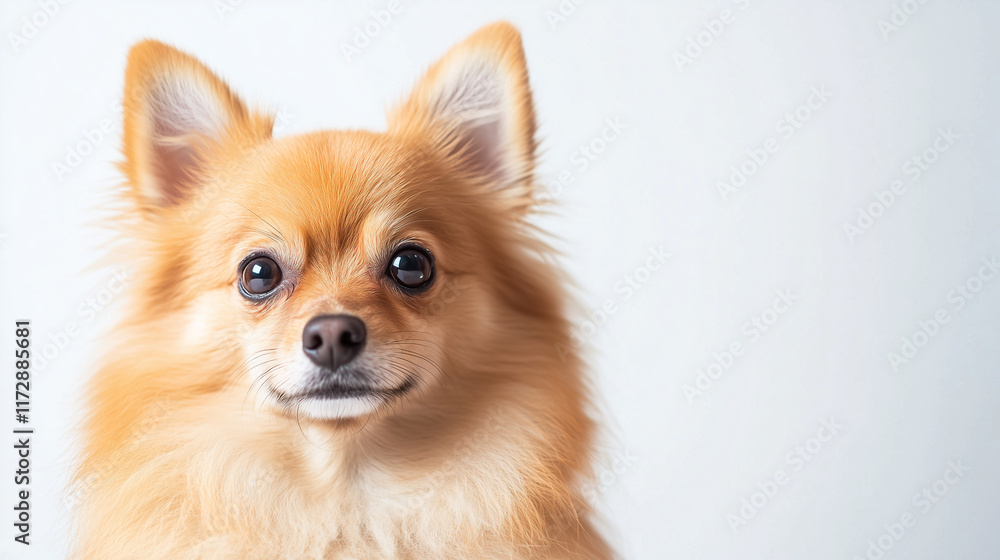 A close-up shot of a cute, small dog with soft fur lying on a clean white background, head tilted slightly upward, giving an innocent and adorable look A close-up shot of a cute, small dog with soft fur lying on a clean white background, head tilted slightly upward, giving an innocent and adorable look