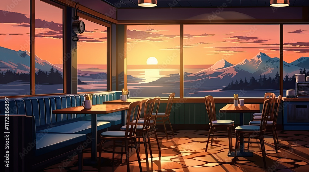An illustration of a restaurant with a view of the sun in the evening