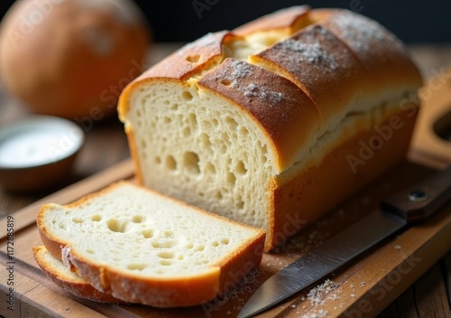 Freshly baked loaf of bread sliced on a wooden cutting board in a cozy kitchen