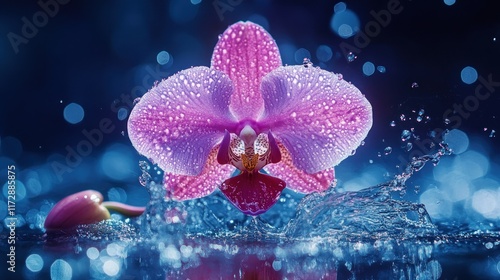 Vibrant Pink Orchid with Explosive Water Splash and Neon Colors