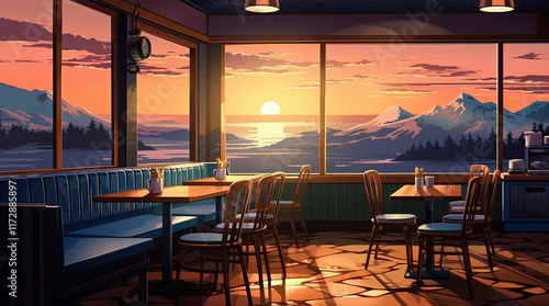 Obraz na płótnie An illustration of a restaurant with a view of the sun in the evening w salonie