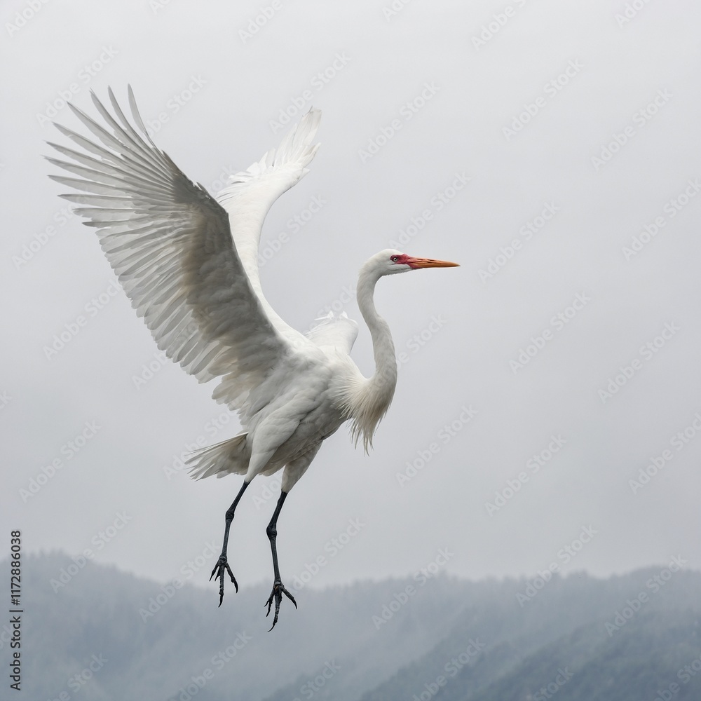 Obraz premium A white crane spreading its wings and soaring in front of a pure white backdrop.