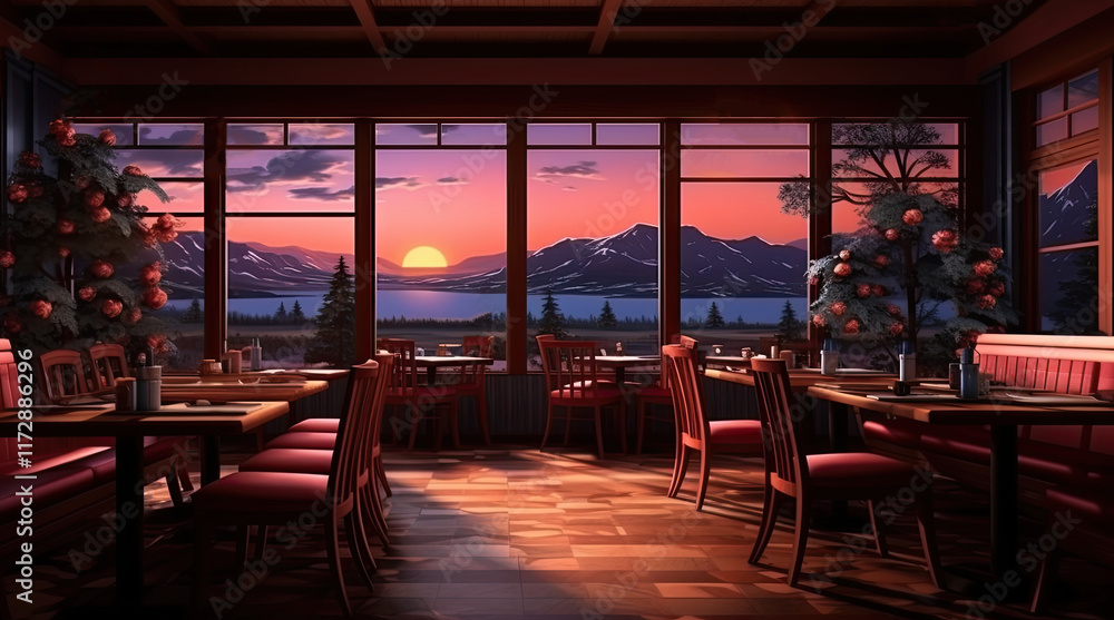 An illustration of a restaurant with a view of a lake, mountains, and a sunset