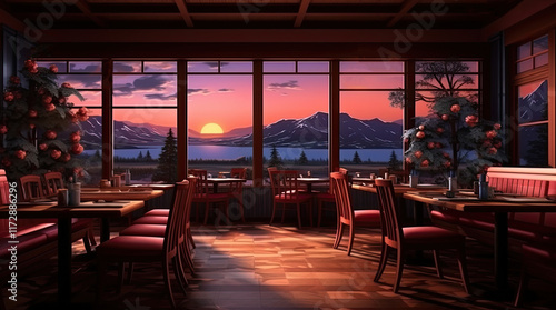 Obraz na płótnie An illustration of a restaurant with a view of a lake, mountains, and a sunset w salonie