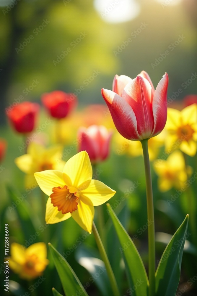 Softly swaying tulips and daffodils dance in the breeze, landscape, nature