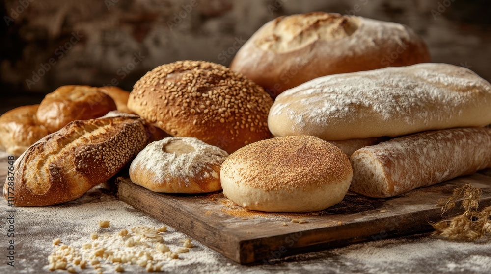 Freshly baked bread and assorted flatbreads create a comforting and inviting atmosphere in a rustic kitchen setting Freshly baked bread and assorted flatbreads create a comforting and inviting atmosphere in a rustic kitchen setting