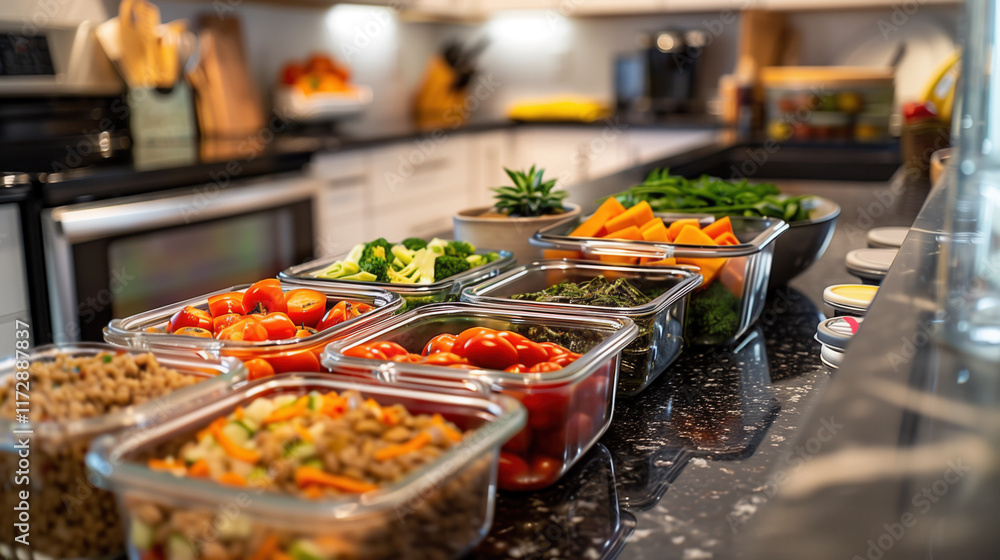 Obraz premium Preparing a colorful, fresh vegetable salad on a kitchen counter, representing health, wellness, and mindful eating.