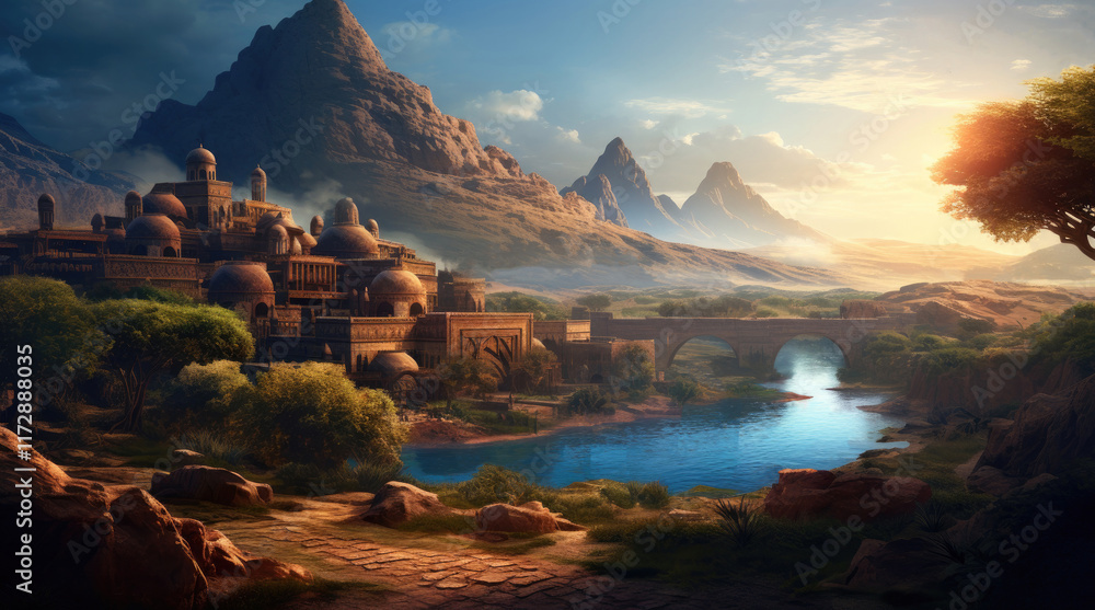 A view of an ancient building, a river, and rock mountains in the afternoon