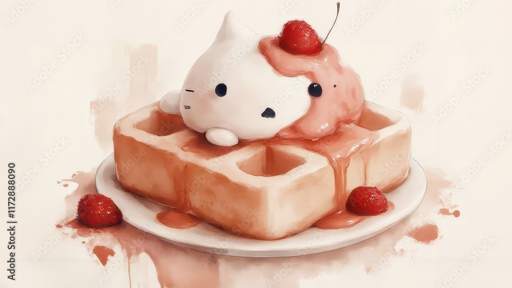 Cute cat waffle dessert, studio shot, sweet background. Cute cat waffle dessert, studio shot, sweet background.