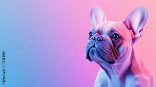 A low poly abstract portrait of a French Bulldog, featuring sharp geometric shapes and vibrant colors that form a unique, stylized representation of the dogâs expressive face. The photo