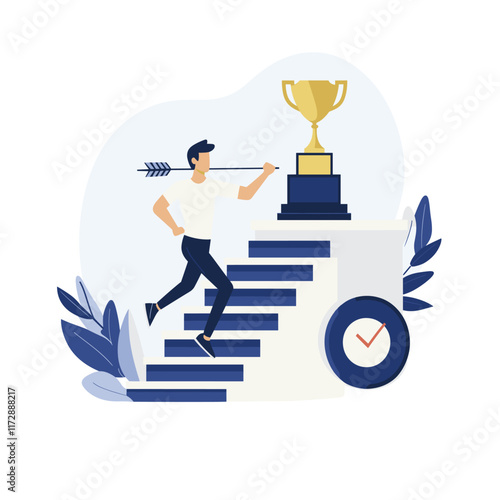 Illustration of success: trophy atop dark blue pedestal. photo