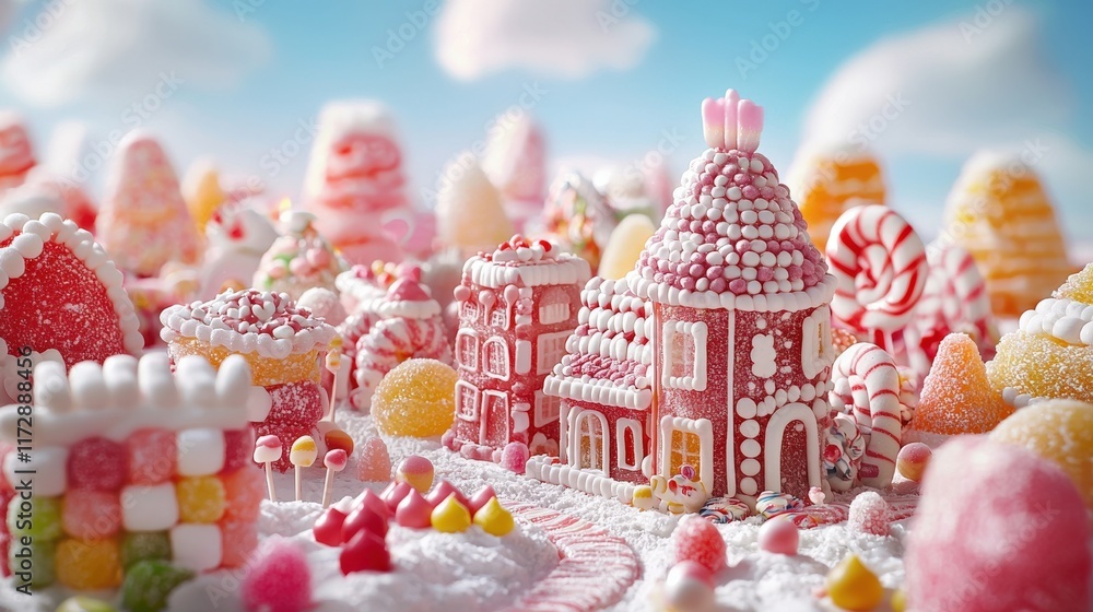 Naklejka premium A whimsical candy village featuring colorful sweets, gumdrop houses, and a sugary landscape under a bright blue sky.