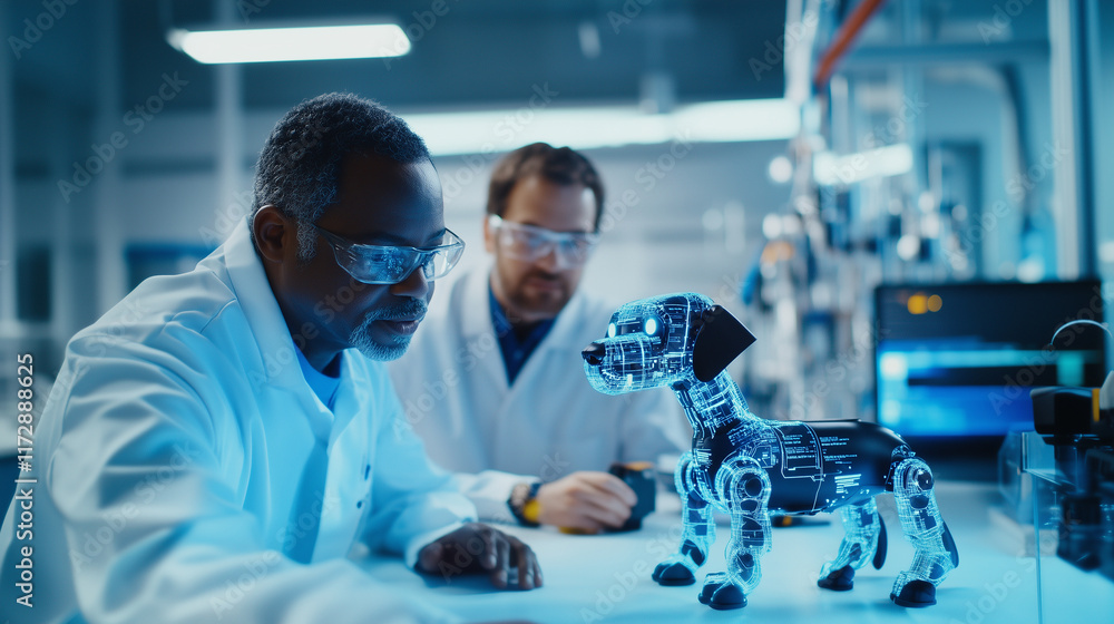In a futuristic R&D lab, a diverse Chief Technology Officer and a software developer discuss the potential of a robot dog project. The CTO, with a forward-thinking approach, explai In a futuristic R&D lab, a diverse Chief Technology Officer and a software developer discuss the potential of a robot dog project. The CTO, with a forward-thinking approach, explai