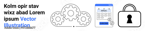 Gears, calendar, and lock icon represent efficient processes, scheduling, and security. Ideal for project management, automation, organization, cybersecurity productivity time management business