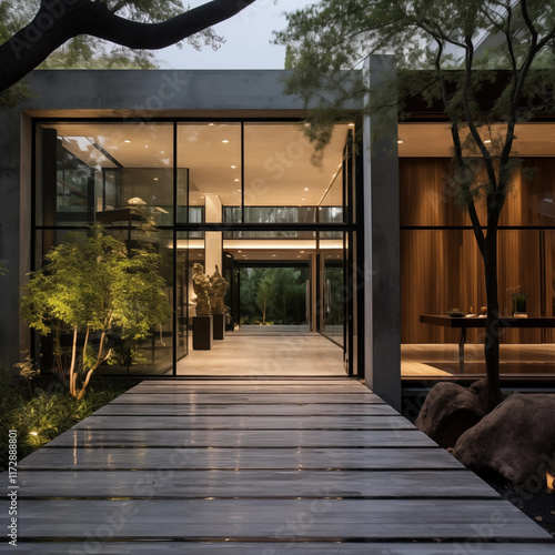 Modern House Entrance Concrete Wood Glass Pathway