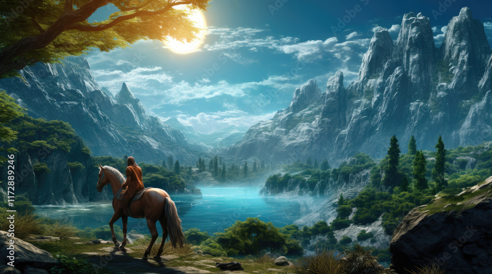 An illustration of a man riding a horse exploring nature