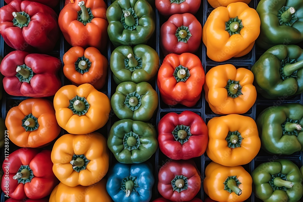Colorful Bell Peppers Arranged In A Grid Pattern Colorful Bell Peppers Arranged In A Grid Pattern
