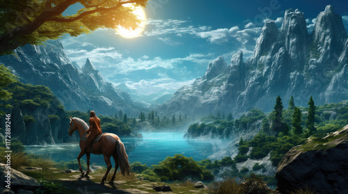 Obraz na płótnie An illustration of a man riding a horse exploring nature w salonie