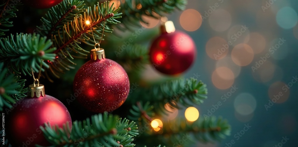 Twinkling red ornaments scattered around a pine tree's branches, christmas, tree, shining Twinkling red ornaments scattered around a pine tree's branches, christmas, tree, shining