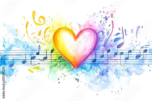 Valentine's day love in watercolor style with musical notes colorful heart art concept