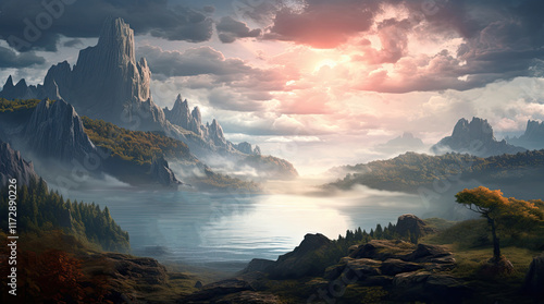 An illustration of towering rocks, a river, and a forest