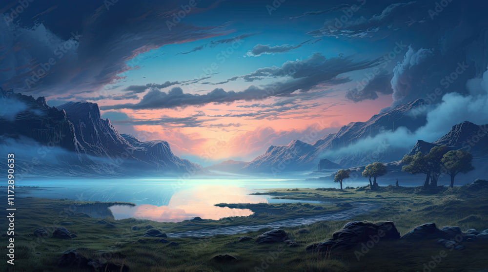 An illustration of a lake and rock hills in the evening