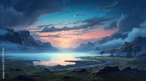 Obraz na płótnie An illustration of a lake and rock hills in the evening w salonie