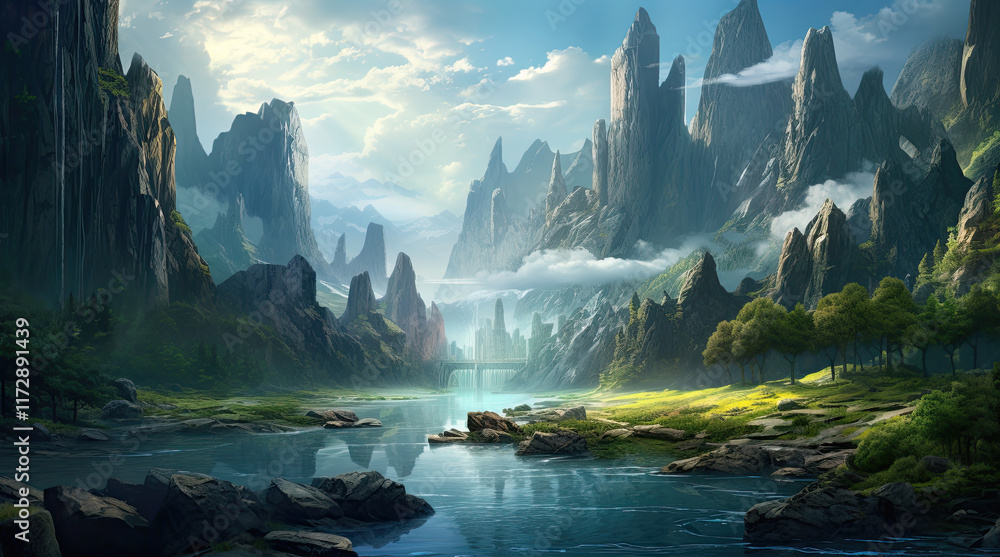 A natural landscape view with a river and a towering rock